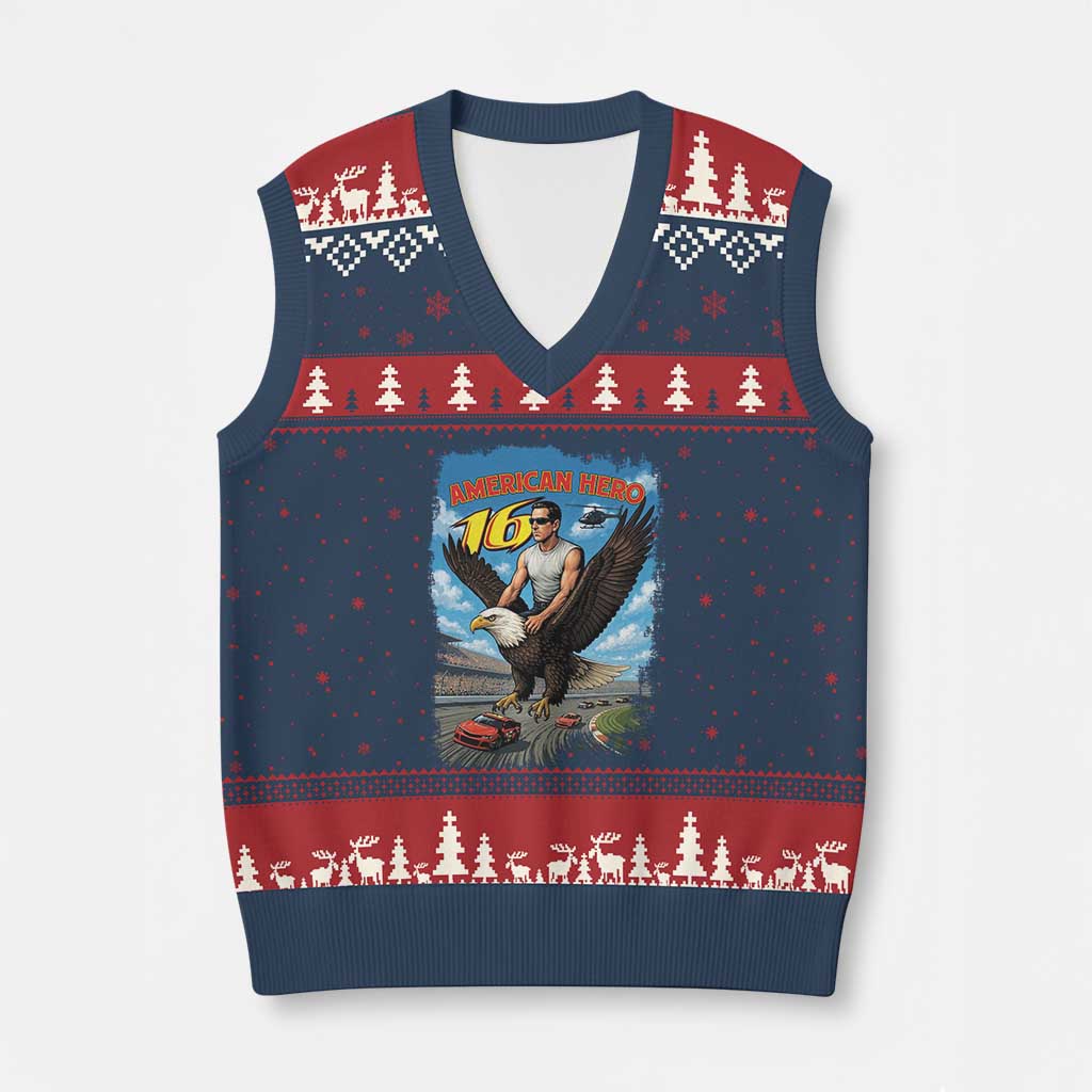 Patriotic Americanana Speed Legend 16 Tribute V-Neck Knit Sweater Vest American Hero Bald Eagle Speedway Memorial TS02 Navy Red Print Your Wear