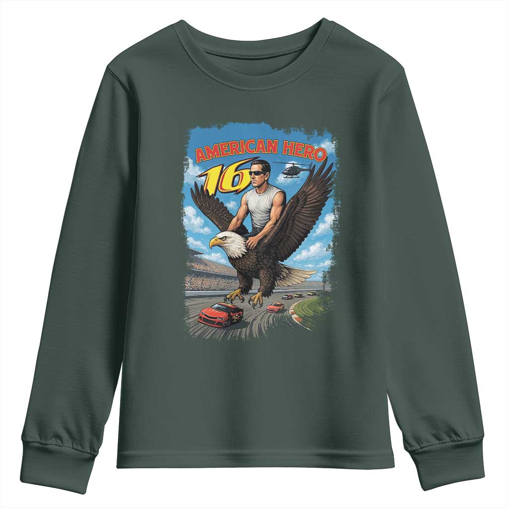 Patriotic Americanana Speed Legend 16 Tribute Youth Sweatshirt American Hero Bald Eagle Speedway Memorial TS02 Dark Forest Green Print Your Wear