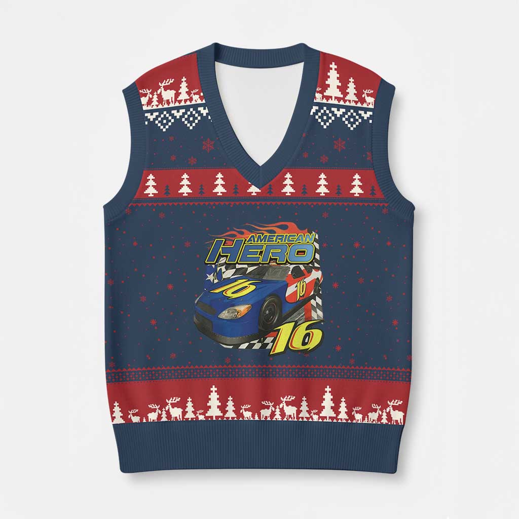 Vintage Americana Speed Legend 16 Tribute V-Neck Knit Sweater Vest American Hero #16 Stock Car Memorial - Print Your Wear