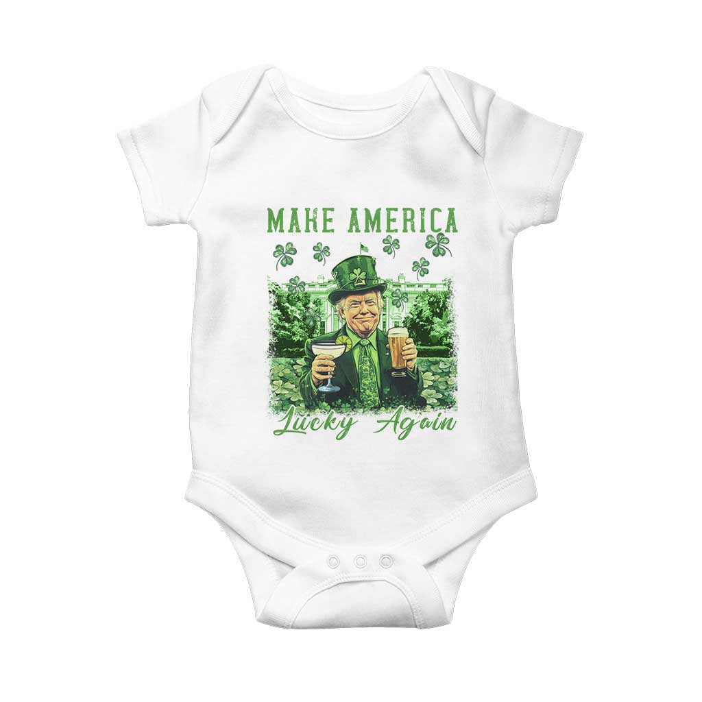 Funny St Patrick's Day Trump Baby Onesie Make America Lucky Again TS02 White Print Your Wear