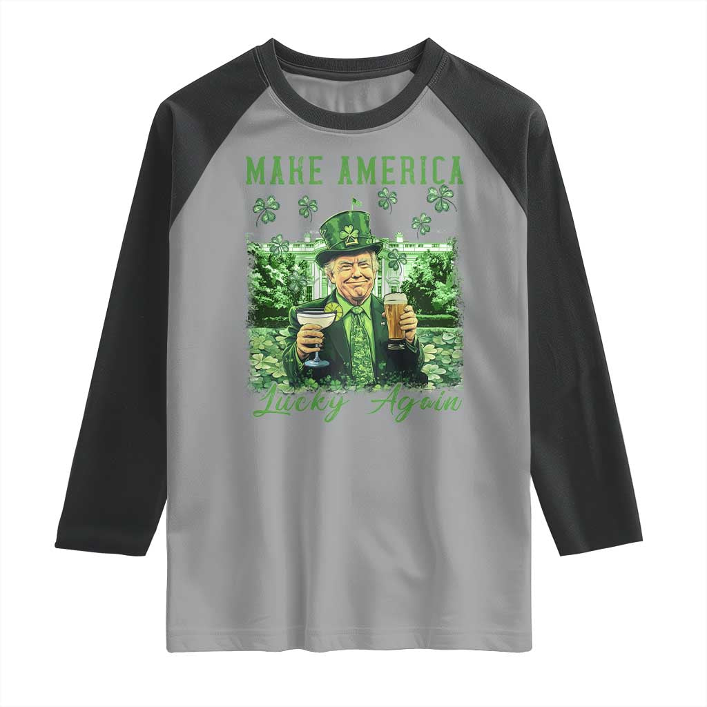 Funny St Patrick's Day Trump Raglan Shirt Make America Lucky Again TS02 Sport Gray Black Print Your Wear