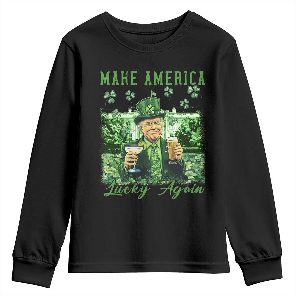 Funny St Patrick's Day Trump Youth Sweatshirt Make America Lucky Again TS02 Black Print Your Wear