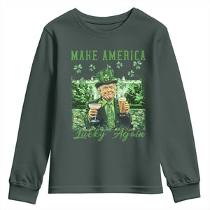 Funny St Patrick's Day Trump Youth Sweatshirt Make America Lucky Again TS02 Dark Forest Green Print Your Wear