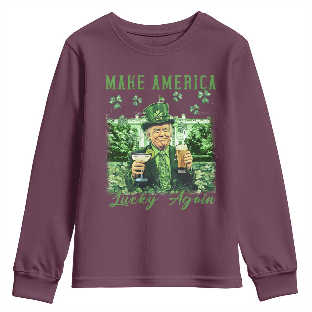 Funny St Patrick's Day Trump Youth Sweatshirt Make America Lucky Again TS02 Maroon Print Your Wear