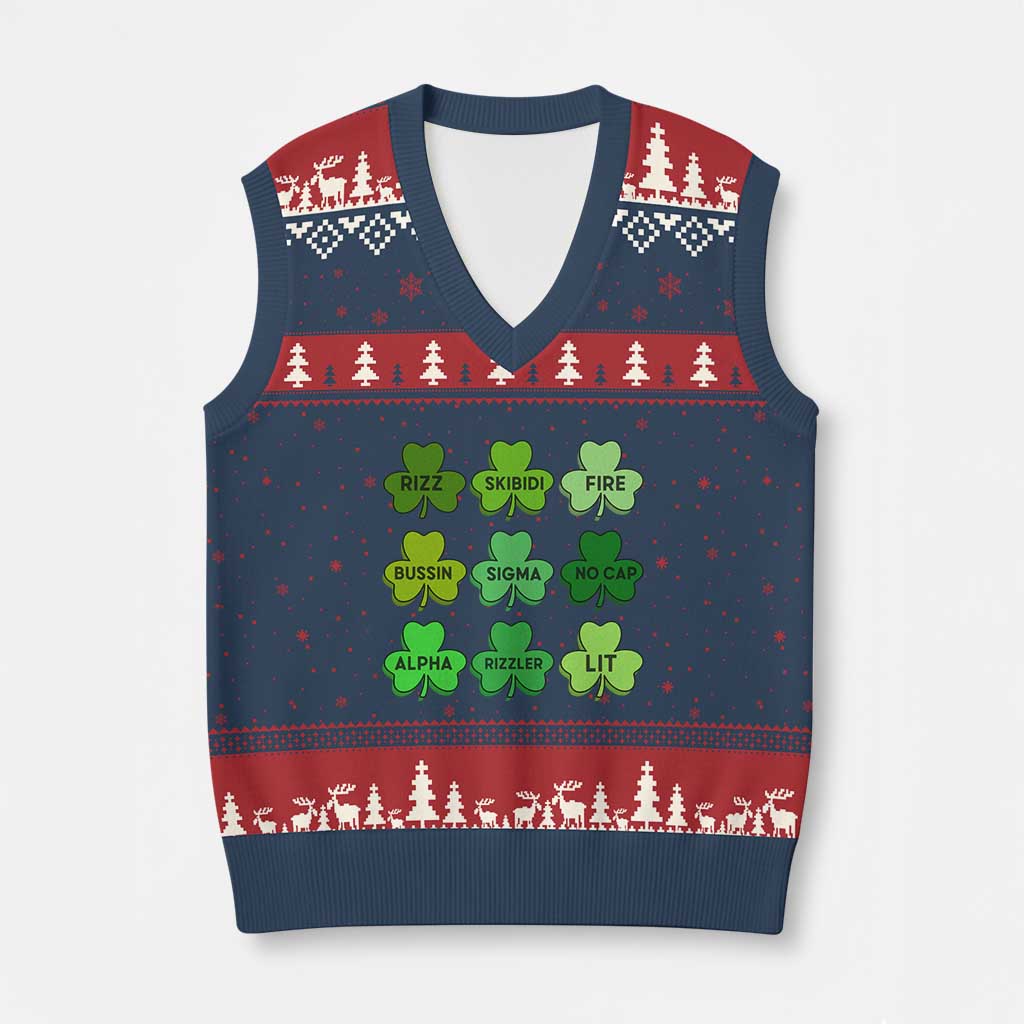 Funny St Patricks Day Skibi Rizz V-Neck Knit Sweater Vest No Cap TS02 Navy Red Print Your Wear