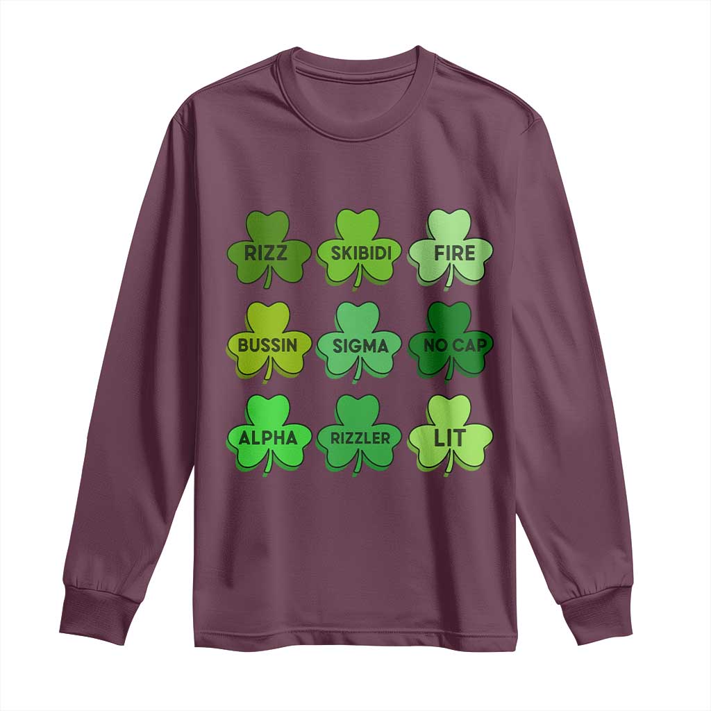 Funny St Patricks Day Skibi Rizz Long Sleeve Shirt No Cap TS02 Maroon Print Your Wear