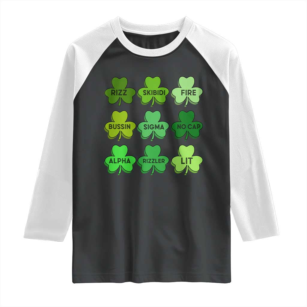 Funny St Patricks Day Skibi Rizz Raglan Shirt No Cap TS02 Black White Print Your Wear