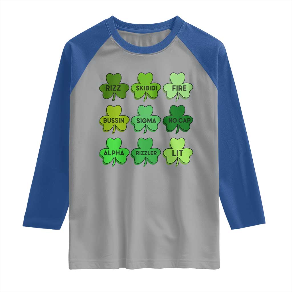 Funny St Patricks Day Skibi Rizz Raglan Shirt No Cap TS02 Sport Gray Royal Print Your Wear