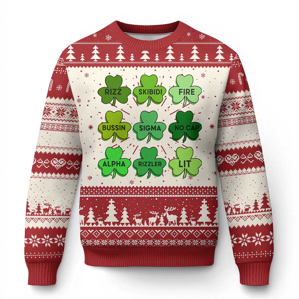 Funny St Patricks Day Skibi Rizz Knit Sweatshirt No Cap TS02 Red Print Your Wear