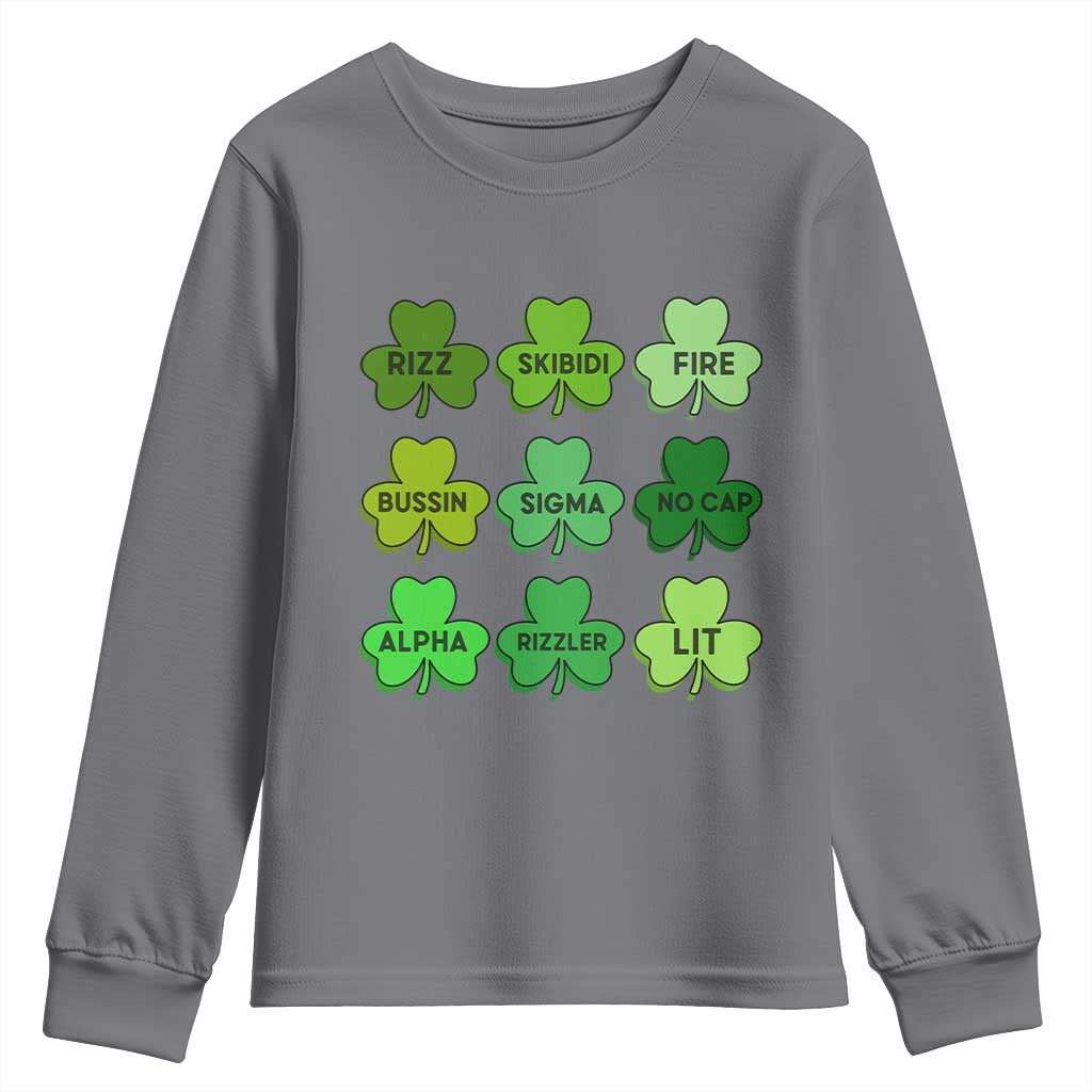 Funny St Patricks Day Skibi Rizz Youth Sweatshirt No Cap TS02 Charcoal Print Your Wear