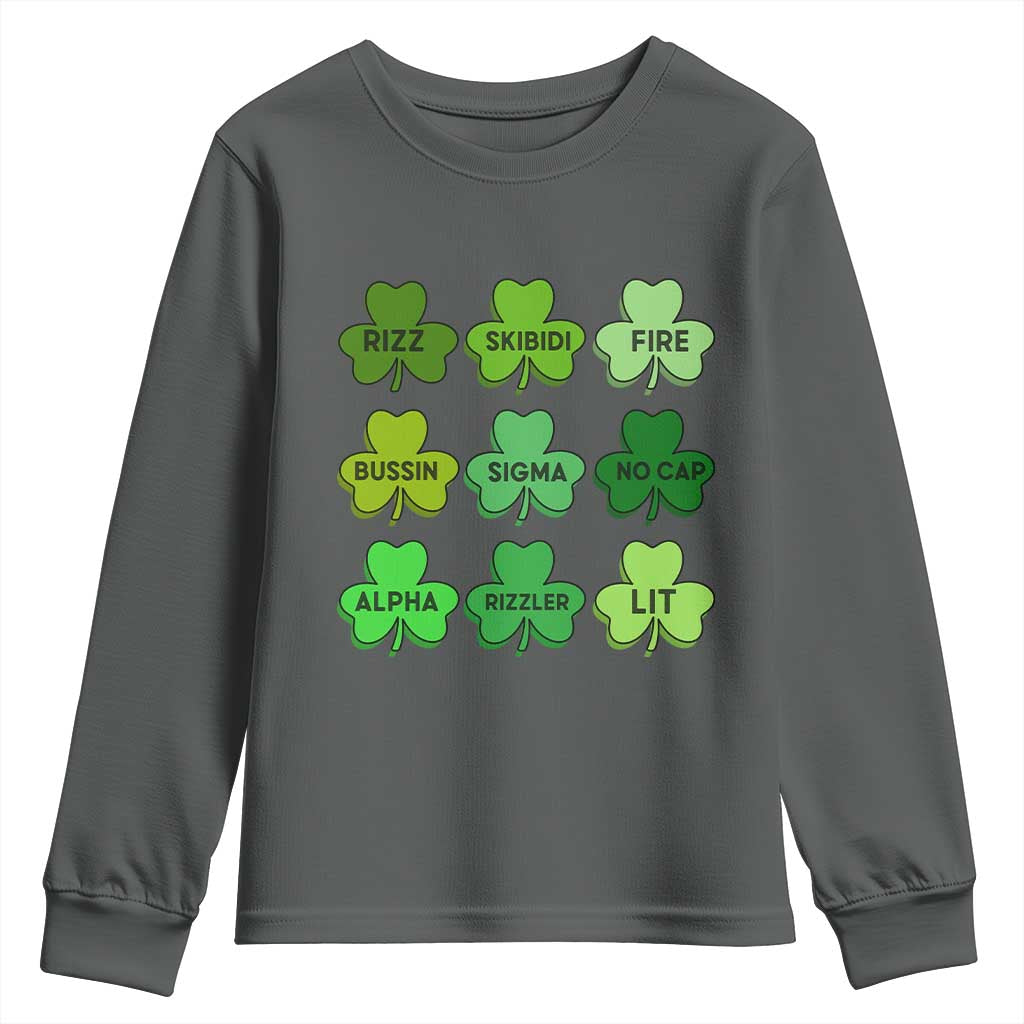Funny St Patricks Day Skibi Rizz Youth Sweatshirt No Cap TS02 Dark Heather Print Your Wear