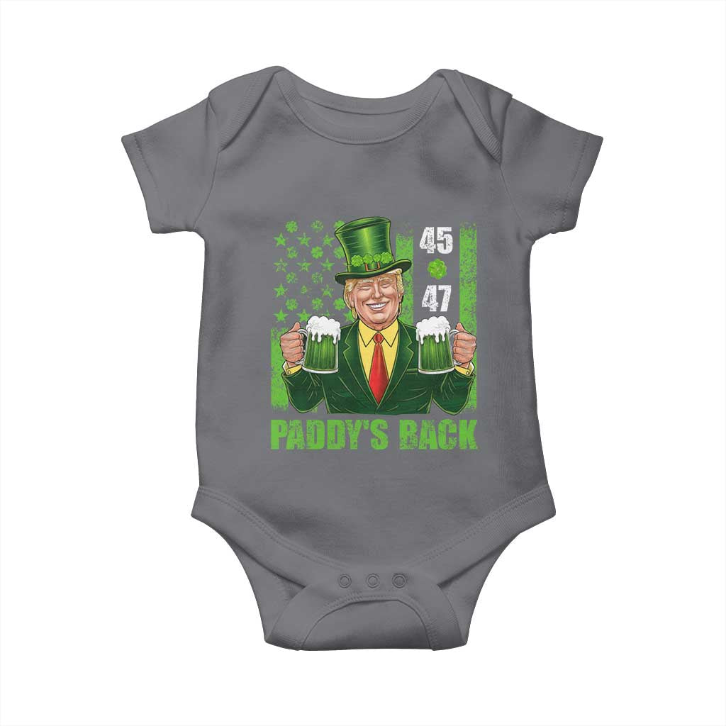 Funny St Patrick's Day Trump Baby Onesie Paddy's Back 45 47 President USA Flag TS02 Charcoal Print Your Wear