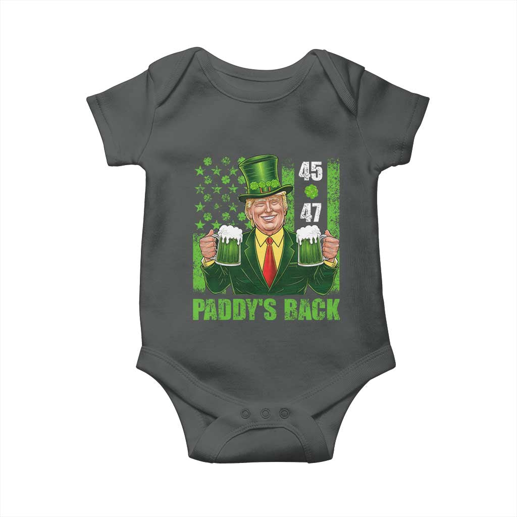 Funny St Patrick's Day Trump Baby Onesie Paddy's Back 45 47 President USA Flag TS02 Dark Heather Print Your Wear