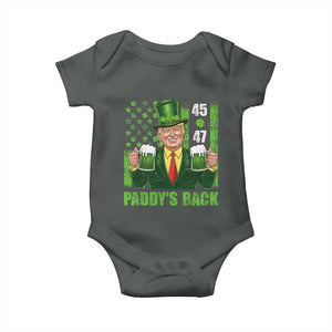 Funny St Patrick's Day Trump Baby Onesie Paddy's Back 45 47 President USA Flag TS02 Dark Heather Print Your Wear
