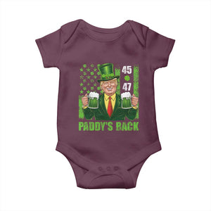 Funny St Patrick's Day Trump Baby Onesie Paddy's Back 45 47 President USA Flag TS02 Maroon Print Your Wear