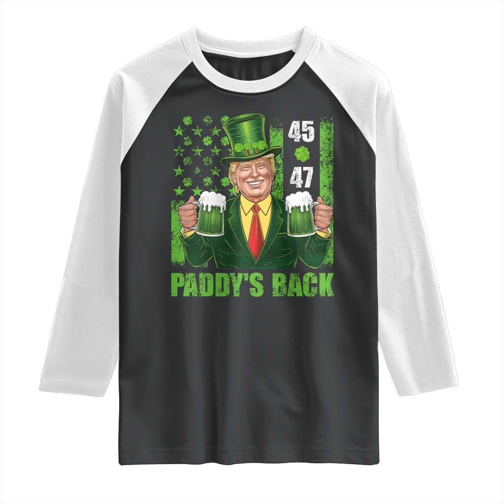 Funny St Patrick's Day Trump Raglan Shirt Paddy's Back 45 47 President USA Flag TS02 Black White Print Your Wear