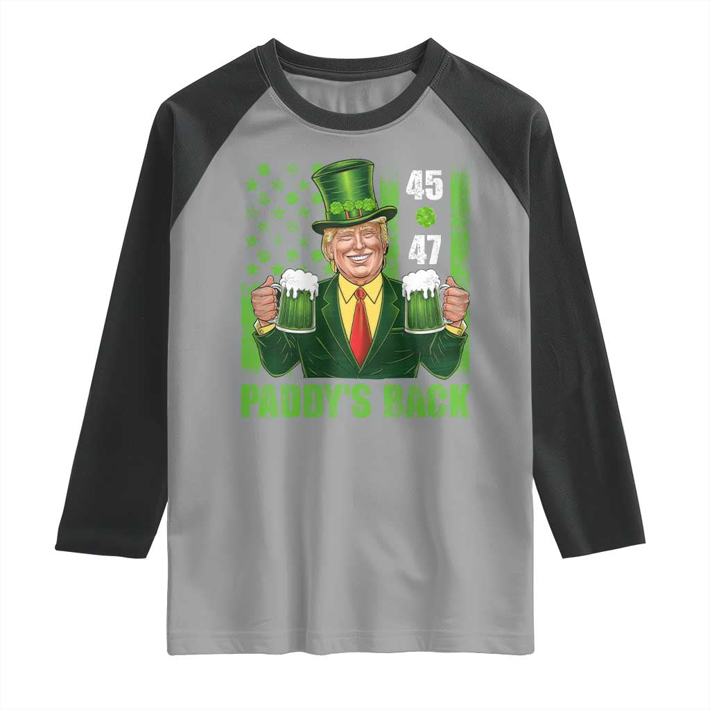 Funny St Patrick's Day Trump Raglan Shirt Paddy's Back 45 47 President USA Flag TS02 Sport Gray Black Print Your Wear