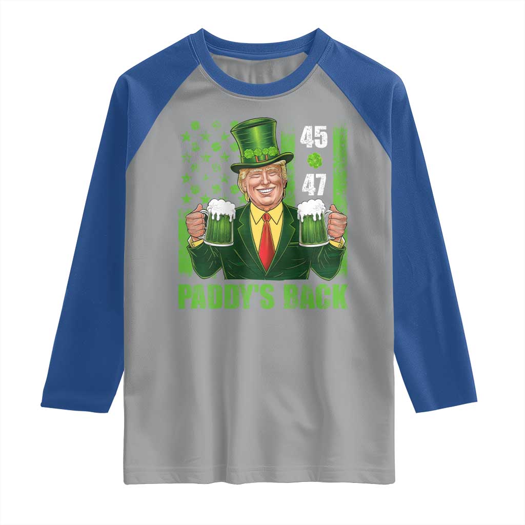 Funny St Patrick's Day Trump Raglan Shirt Paddy's Back 45 47 President USA Flag TS02 Sport Gray Royal Print Your Wear