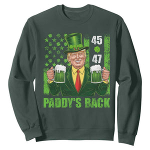 Funny St Patrick's Day Trump Sweatshirt Paddy's Back 45 47 President USA Flag TS02 Dark Forest Green Print Your Wear