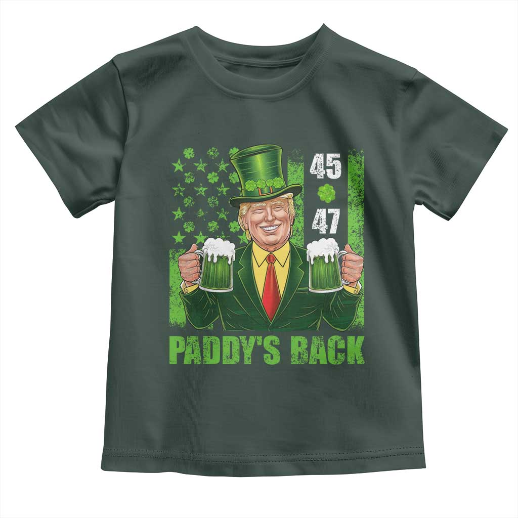 Funny St Patrick's Day Trump Toddler T Shirt Paddy's Back 45 47 President USA Flag TS02 Dark Forest Green Print Your Wear