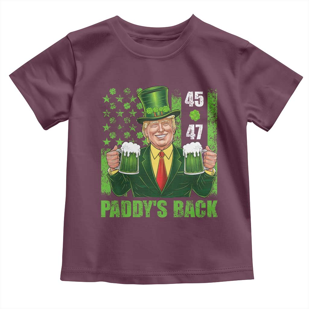 Funny St Patrick's Day Trump Toddler T Shirt Paddy's Back 45 47 President USA Flag TS02 Maroon Print Your Wear