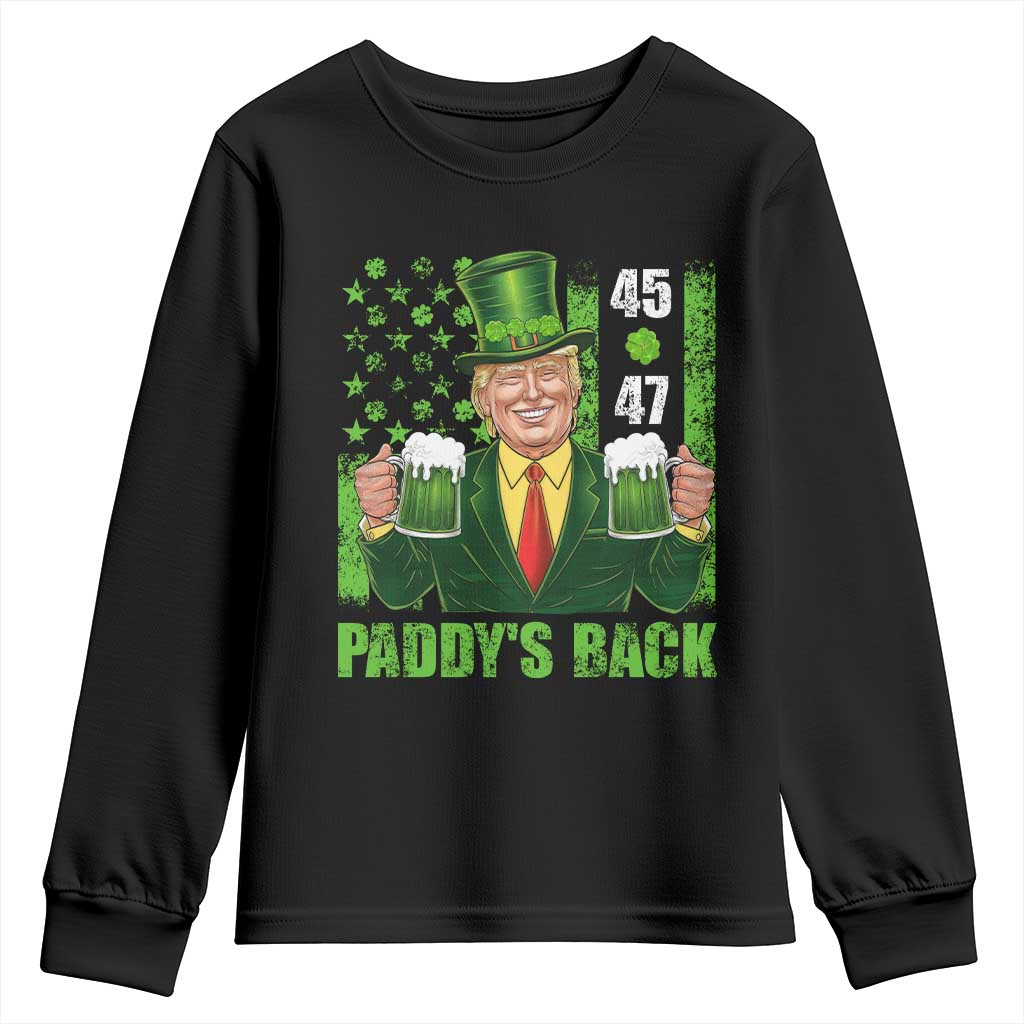 Funny St Patrick's Day Trump Youth Sweatshirt Paddy's Back 45 47 President USA Flag TS02 Black Print Your Wear