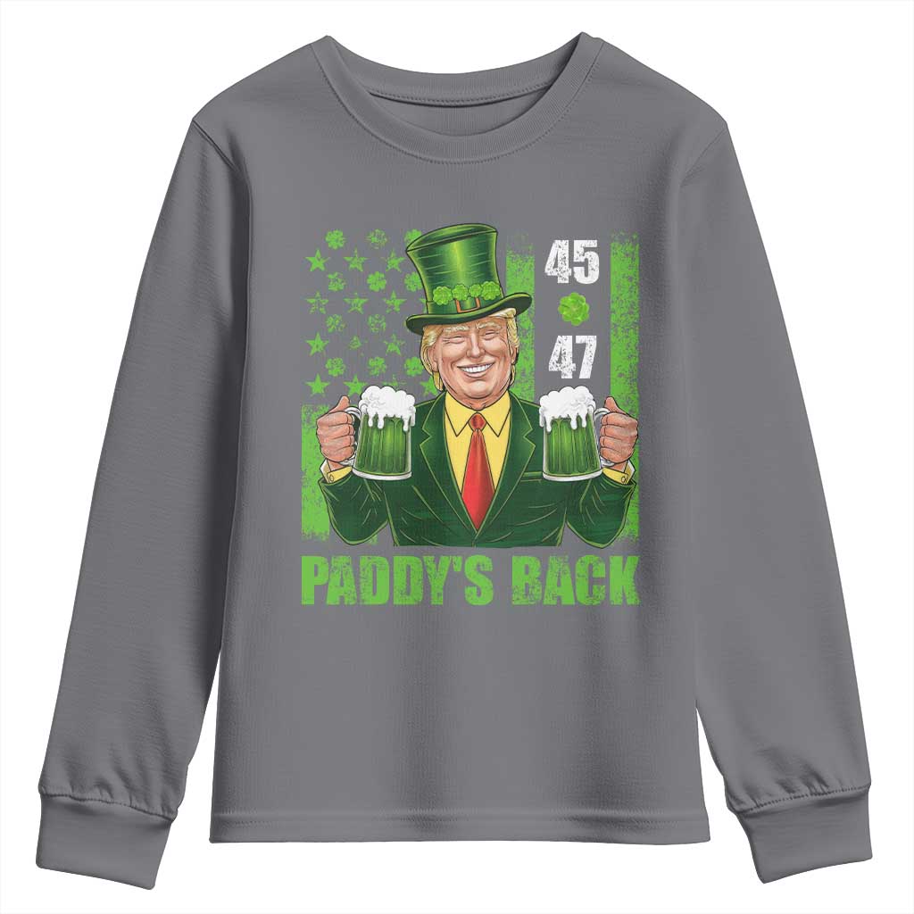 Funny St Patrick's Day Trump Youth Sweatshirt Paddy's Back 45 47 President USA Flag TS02 Charcoal Print Your Wear