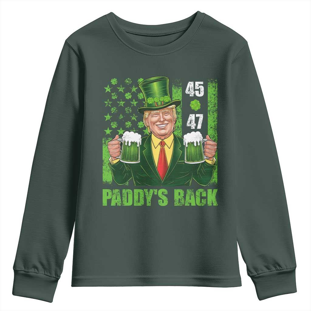 Funny St Patrick's Day Trump Youth Sweatshirt Paddy's Back 45 47 President USA Flag TS02 Dark Forest Green Print Your Wear