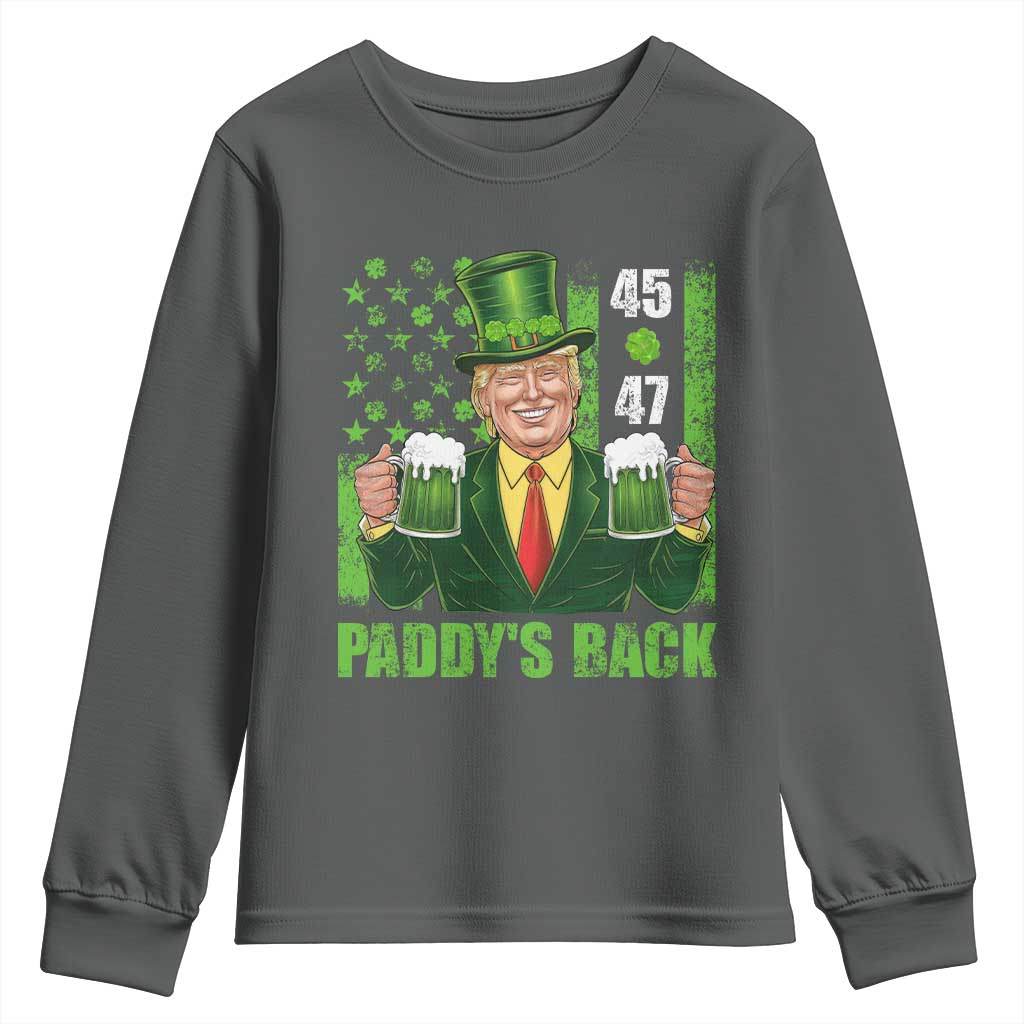 Funny St Patrick's Day Trump Youth Sweatshirt Paddy's Back 45 47 President USA Flag TS02 Dark Heather Print Your Wear