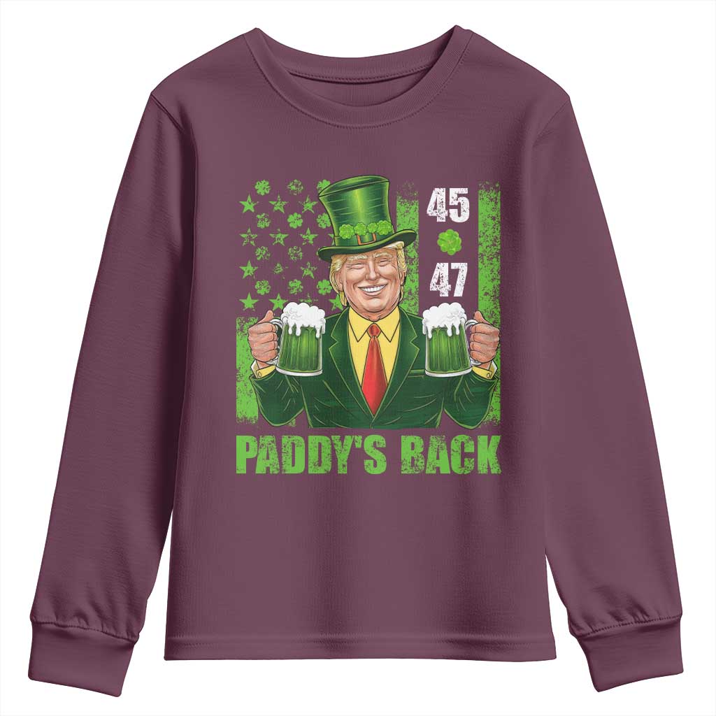 Funny St Patrick's Day Trump Youth Sweatshirt Paddy's Back 45 47 President USA Flag TS02 Maroon Print Your Wear