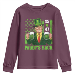 Funny St Patrick's Day Trump Youth Sweatshirt Paddy's Back 45 47 President USA Flag TS02 Maroon Print Your Wear