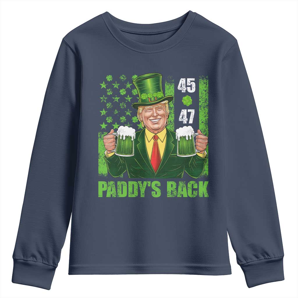 Funny St Patrick's Day Trump Youth Sweatshirt Paddy's Back 45 47 President USA Flag TS02 Navy Print Your Wear