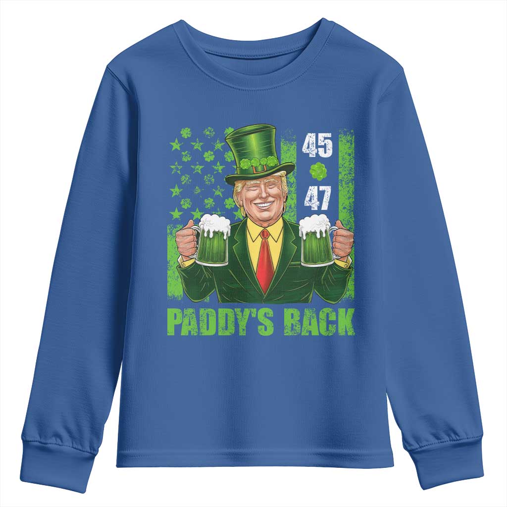 Funny St Patrick's Day Trump Youth Sweatshirt Paddy's Back 45 47 President USA Flag TS02 Royal Blue Print Your Wear