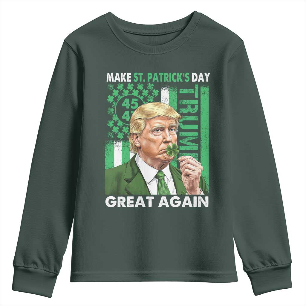 Funny Trump Make St Patrick's Day Great Again Youth Sweatshirt Green American Flag TS02 Dark Forest Green Print Your Wear