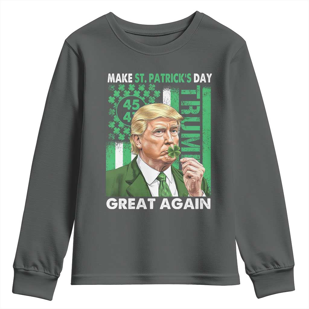 Funny Trump Make St Patrick's Day Great Again Youth Sweatshirt Green American Flag TS02 Dark Heather Print Your Wear