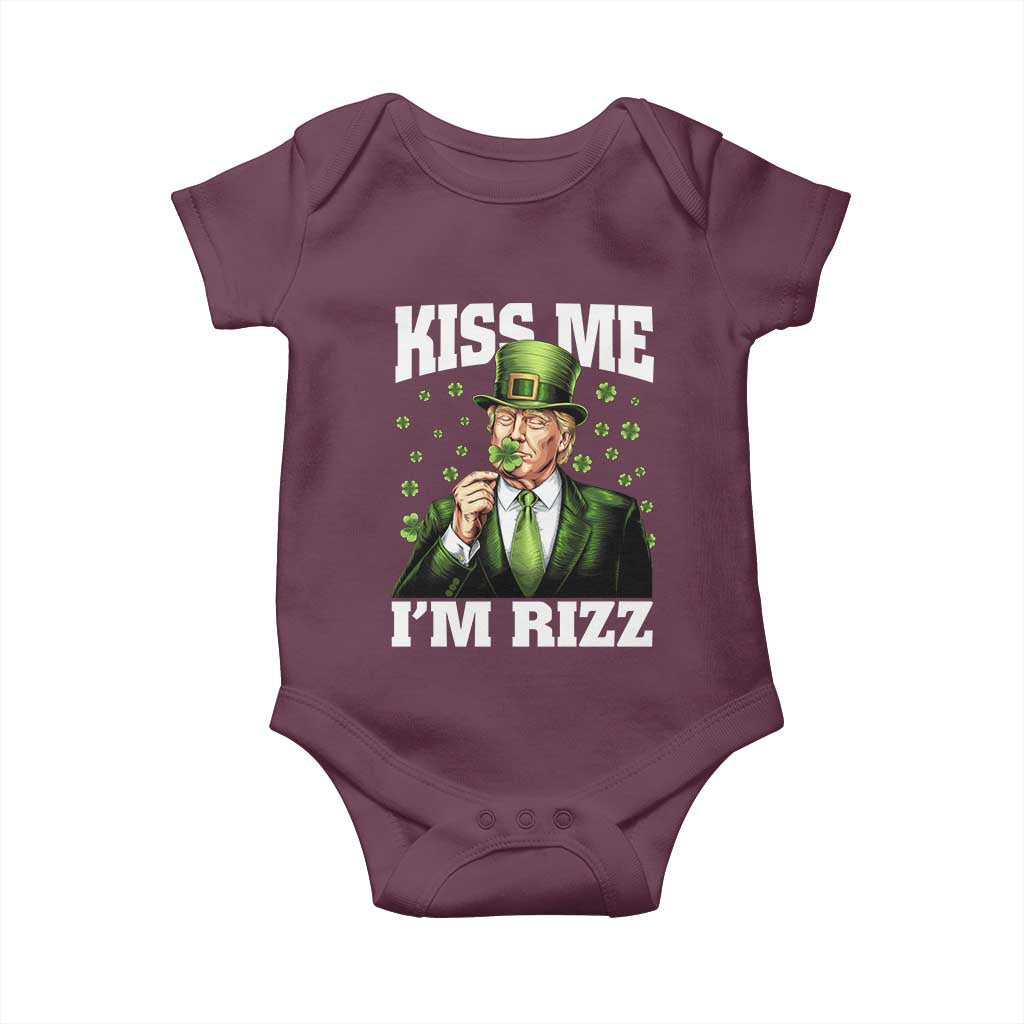 Funny St Patrick's Day Trump Baby Onesie Kiss Me I'm Rizz TS02 Maroon Print Your Wear