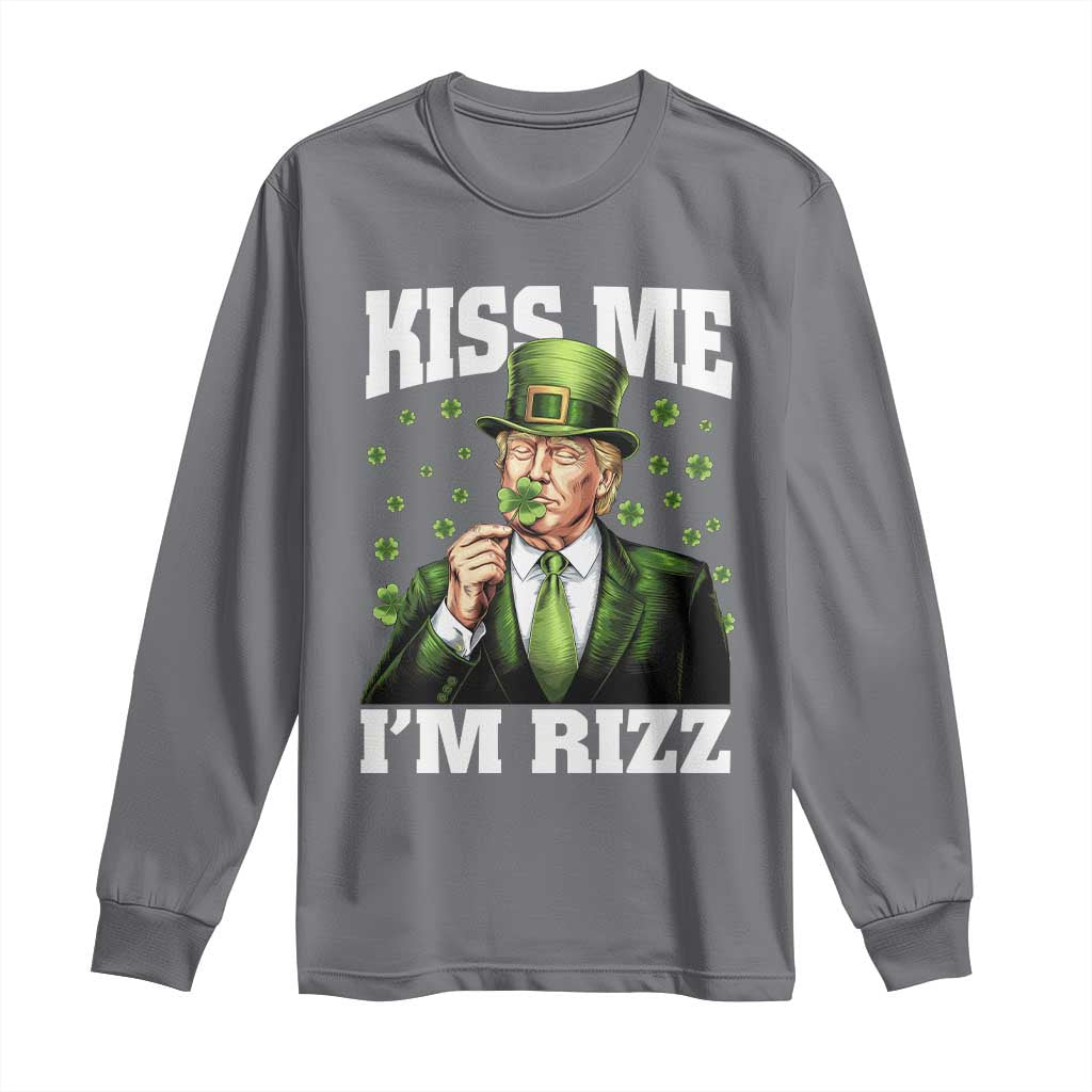 Funny St Patrick's Day Trump Long Sleeve Shirt Kiss Me I'm Rizz TS02 Charcoal Print Your Wear
