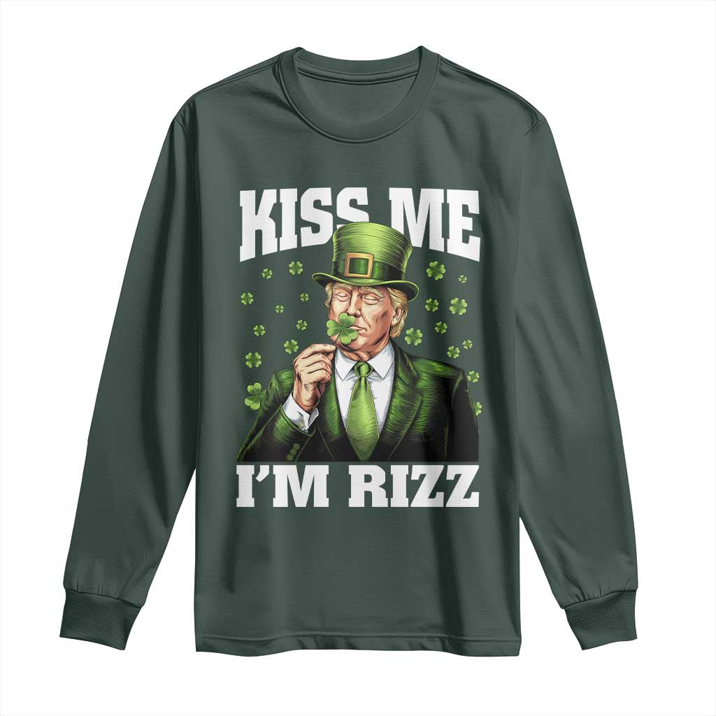 Funny St Patrick's Day Trump Long Sleeve Shirt Kiss Me I'm Rizz TS02 Dark Forest Green Print Your Wear