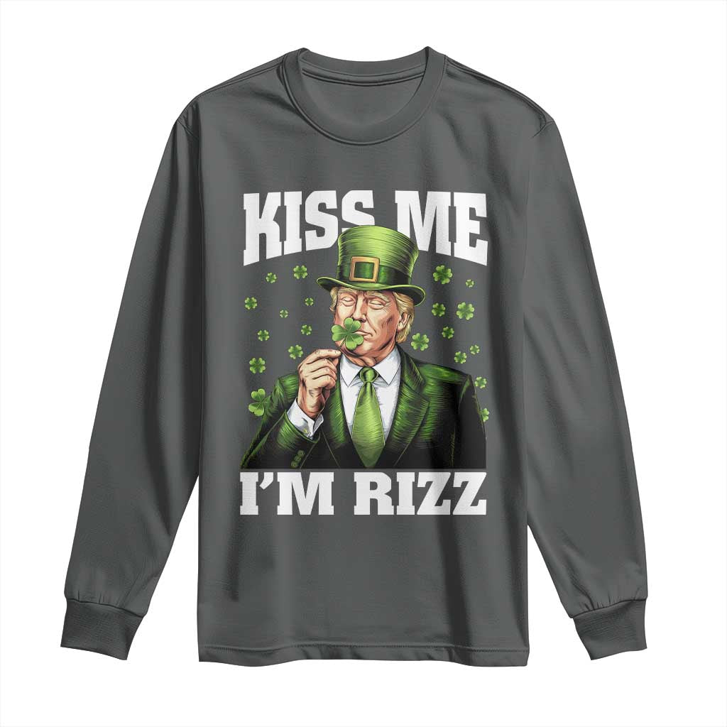 Funny St Patrick's Day Trump Long Sleeve Shirt Kiss Me I'm Rizz TS02 Dark Heather Print Your Wear
