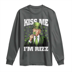 Funny St Patrick's Day Trump Long Sleeve Shirt Kiss Me I'm Rizz TS02 Dark Heather Print Your Wear