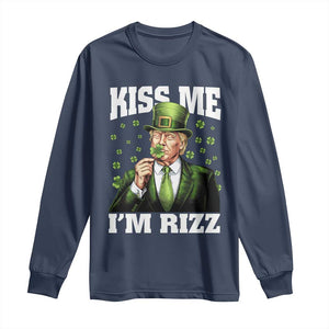 Funny St Patrick's Day Trump Long Sleeve Shirt Kiss Me I'm Rizz TS02 Navy Print Your Wear