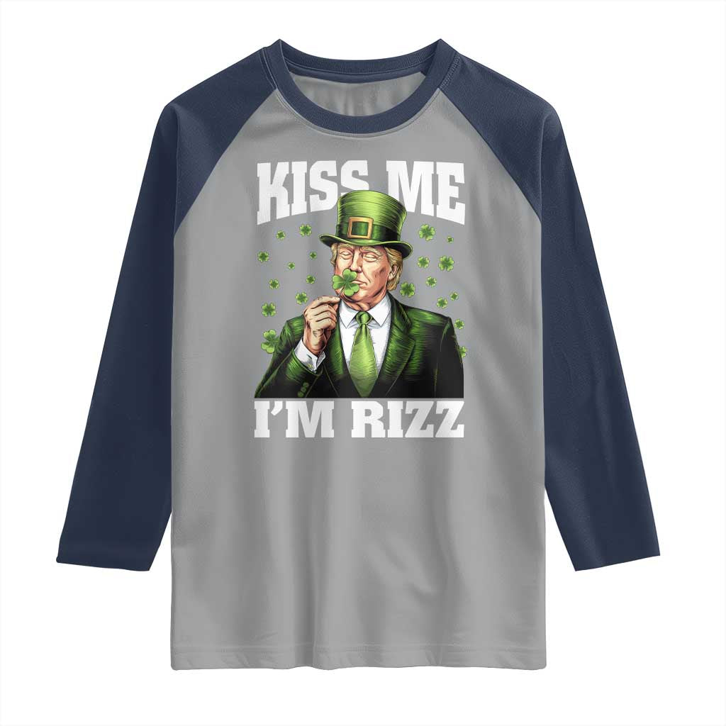 Funny St Patrick's Day Trump Raglan Shirt Kiss Me I'm Rizz TS02 Sport Gray Navy Print Your Wear