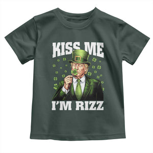 Funny St Patrick's Day Trump Toddler T Shirt Kiss Me I'm Rizz TS02 Dark Forest Green Print Your Wear