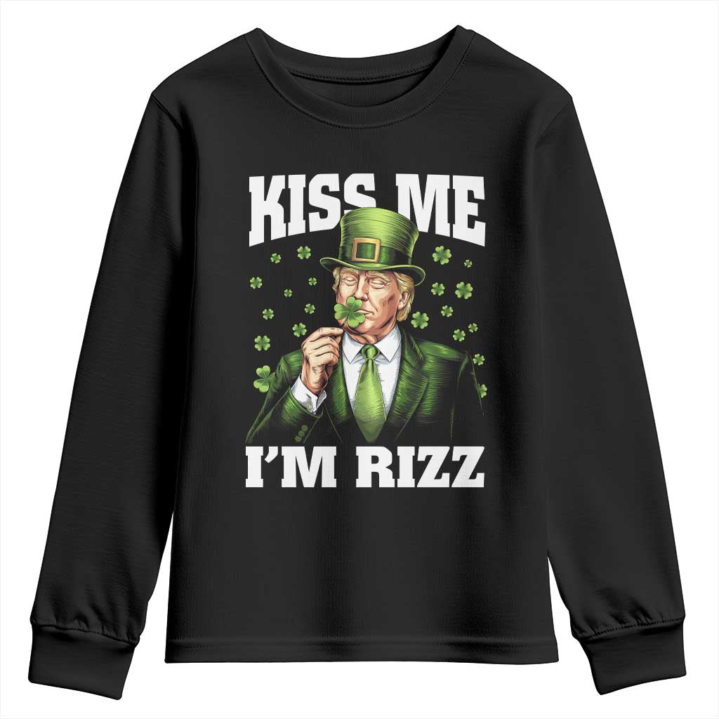 Funny St Patrick's Day Trump Youth Sweatshirt Kiss Me I'm Rizz TS02 Black Print Your Wear