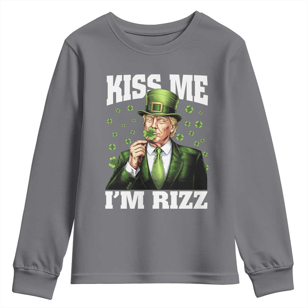 Funny St Patrick's Day Trump Youth Sweatshirt Kiss Me I'm Rizz TS02 Charcoal Print Your Wear