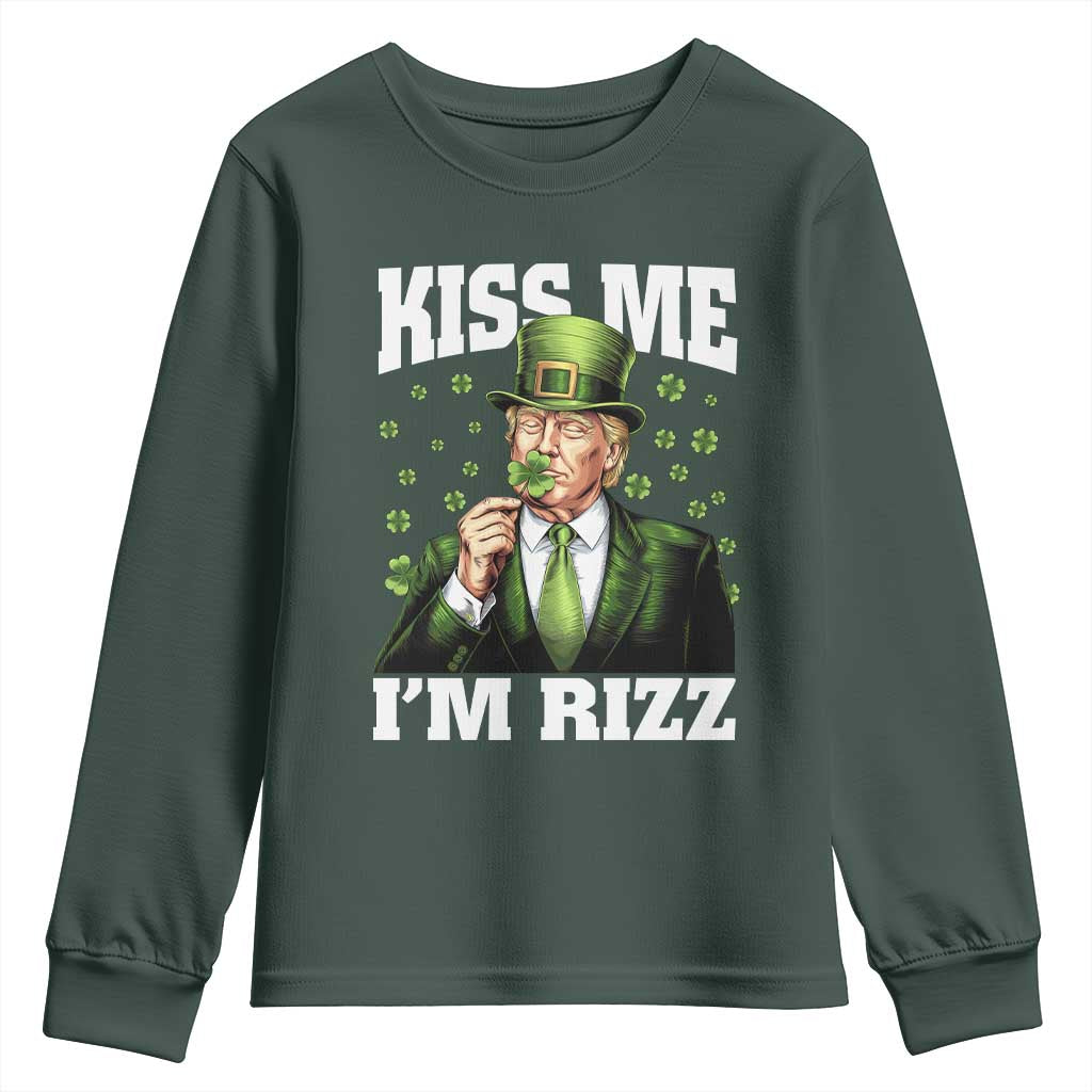 Funny St Patrick's Day Trump Youth Sweatshirt Kiss Me I'm Rizz TS02 Dark Forest Green Print Your Wear