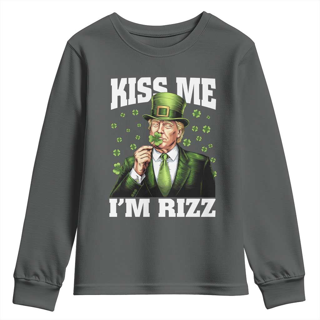 Funny St Patrick's Day Trump Youth Sweatshirt Kiss Me I'm Rizz TS02 Dark Heather Print Your Wear
