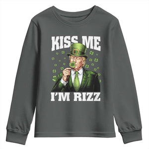 Funny St Patrick's Day Trump Youth Sweatshirt Kiss Me I'm Rizz TS02 Dark Heather Print Your Wear