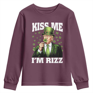 Funny St Patrick's Day Trump Youth Sweatshirt Kiss Me I'm Rizz TS02 Maroon Print Your Wear