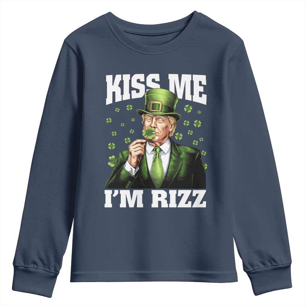 Funny St Patrick's Day Trump Youth Sweatshirt Kiss Me I'm Rizz TS02 Navy Print Your Wear
